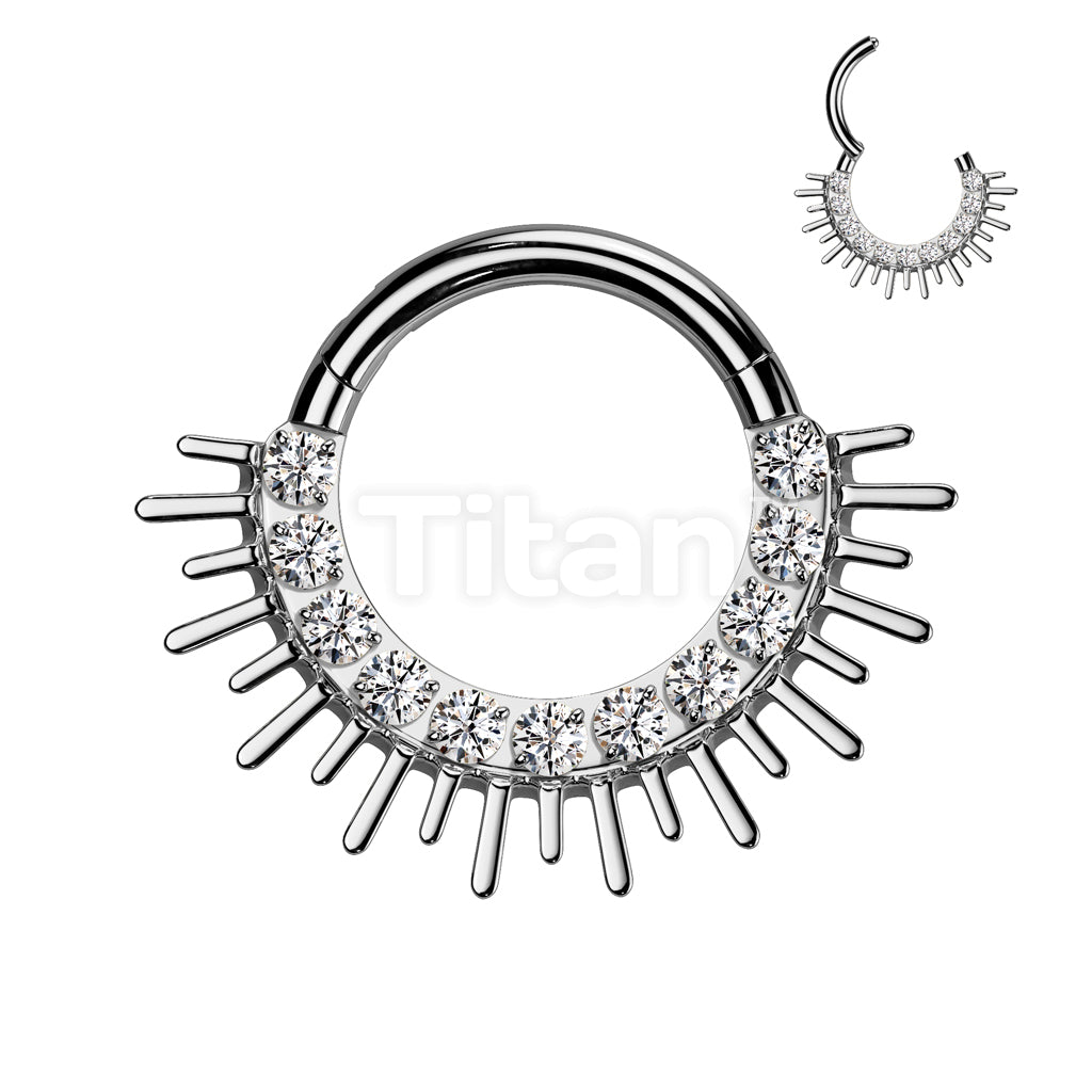 Implant Grade Titanium Hinged Segment Hoop Ring With Forward Facing CZ Pave and Spiked Edge Fan - Image 2