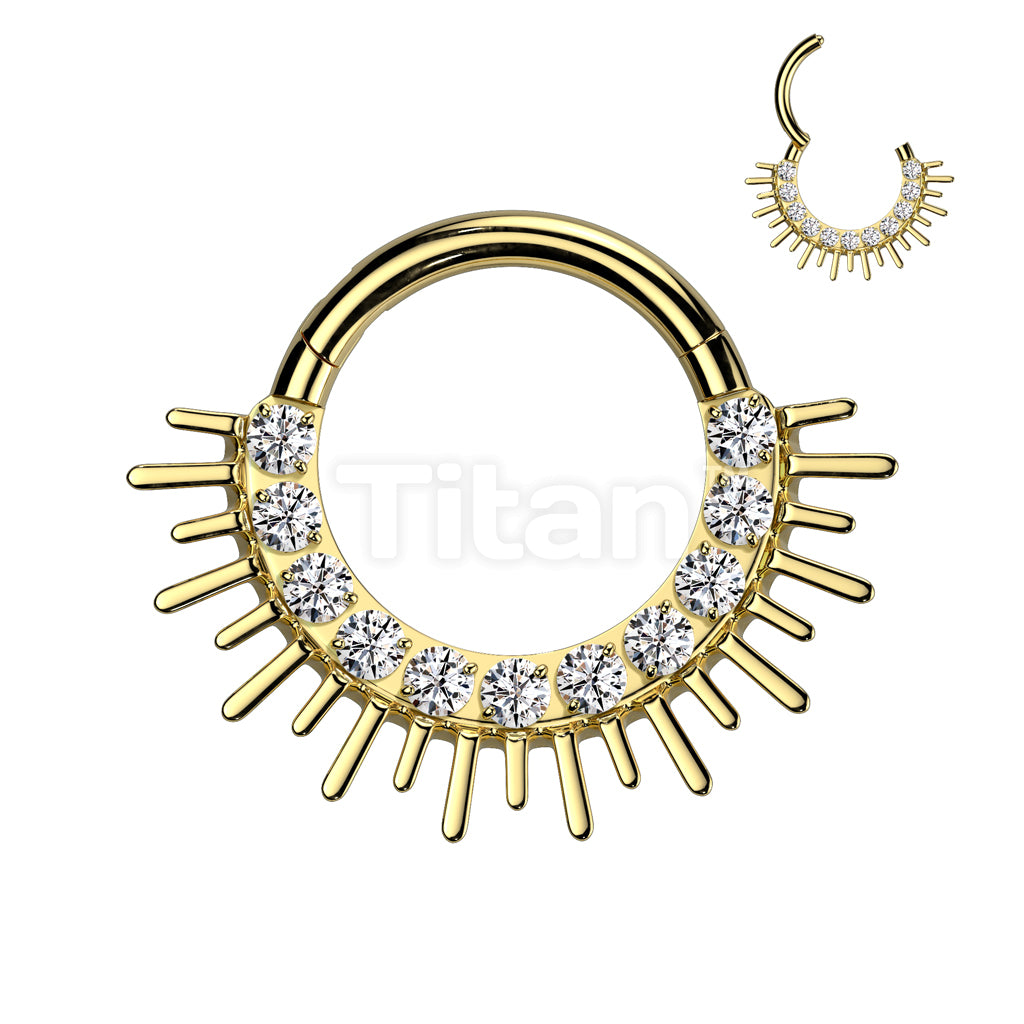 Implant Grade Titanium Hinged Segment Hoop Ring With Forward Facing CZ Pave and Spiked Edge Fan - Image 3