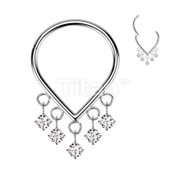Implant Grade Titanium Hinged Chevron Segment Hoop Ring With 5 Prong Set CZ Dangles - Image 2
