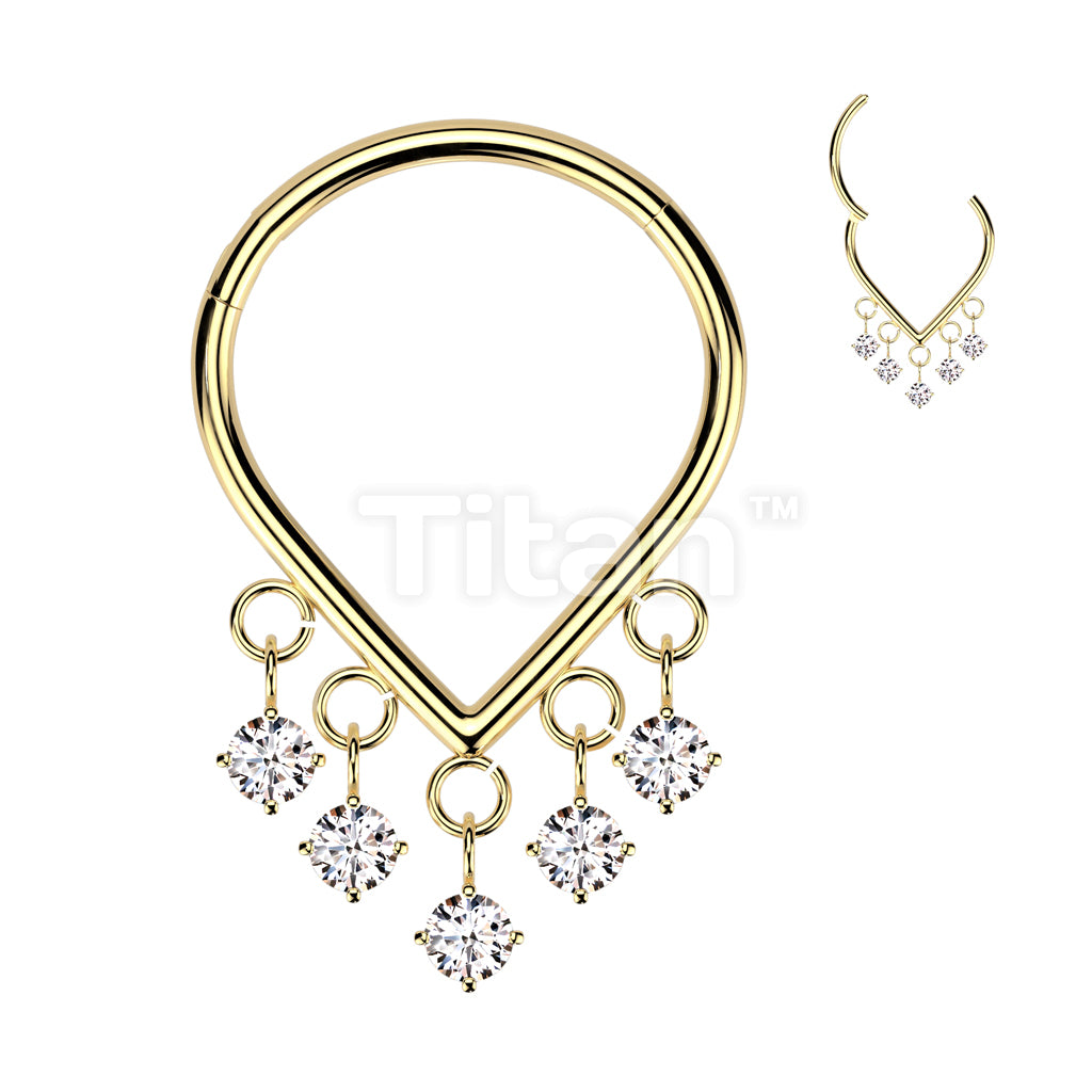Implant Grade Titanium Hinged Chevron Segment Hoop Ring With 5 Prong Set CZ Dangles - Image 3