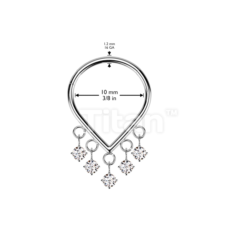 Implant Grade Titanium Hinged Chevron Segment Hoop Ring With 5 Prong Set CZ Dangles - Image 4