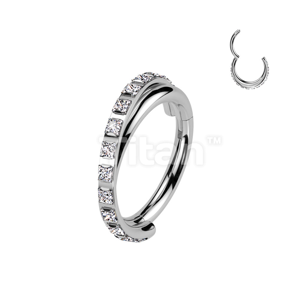 Implant Grade Titanium Hinged Segment Hoop Ring With Criss-Cross CNC Square CZ Paved Line - Image 2