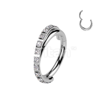 Implant Grade Titanium Hinged Segment Hoop Ring With Criss-Cross CNC Square CZ Paved Line - Image 2