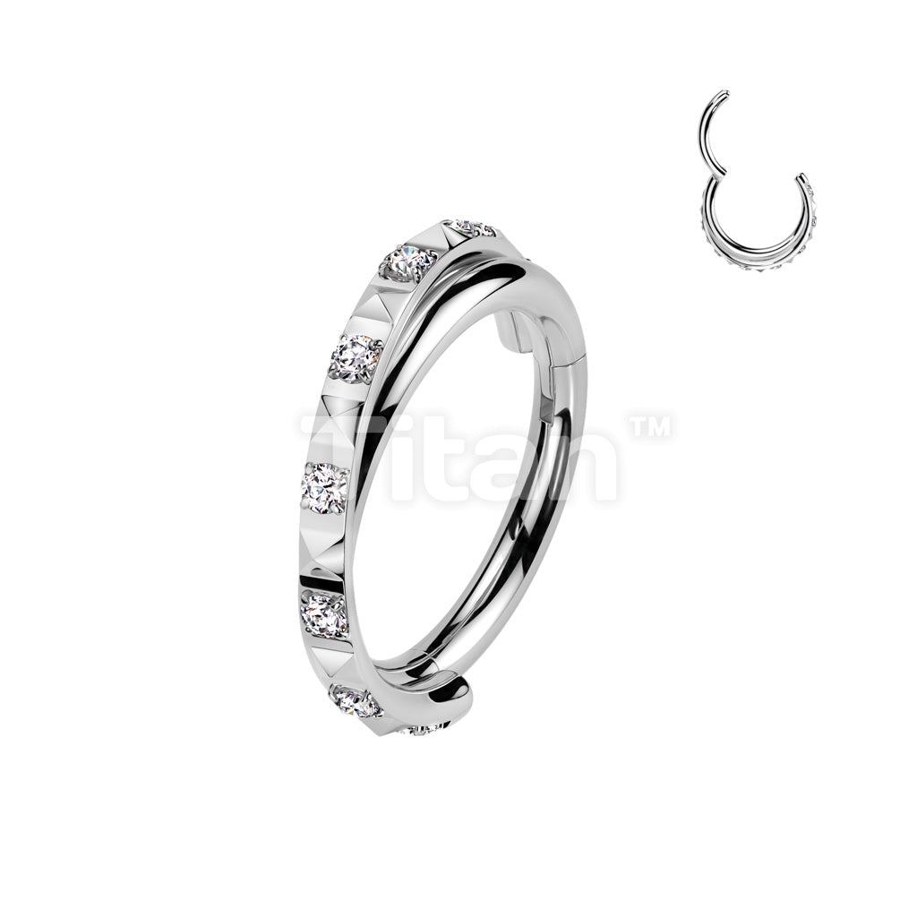 Implant Grade Titanium Hinged Segment Hoop Ring With Criss-Cross CNC CZ Paved In Between Pyramid Cuts - Image 2
