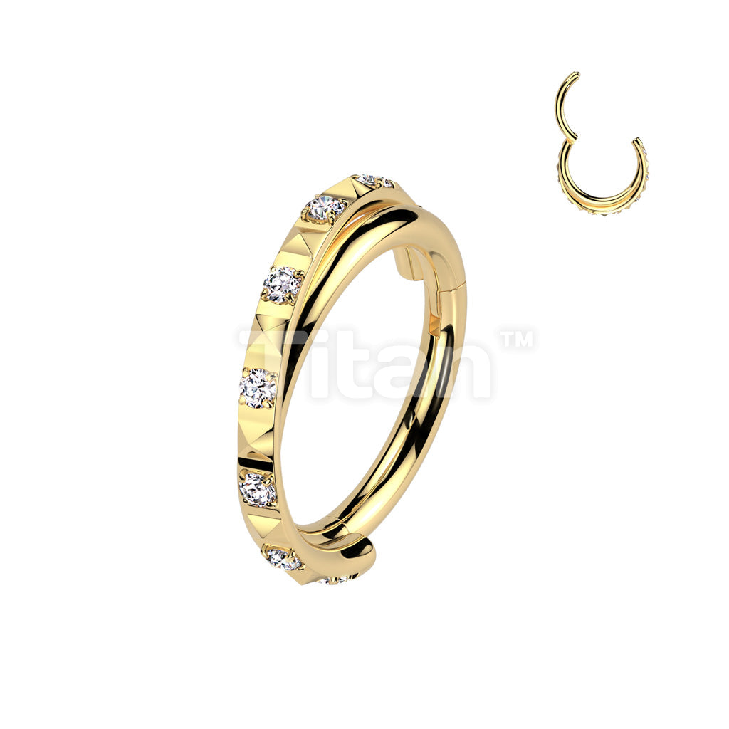 Implant Grade Titanium Hinged Segment Hoop Ring With Criss-Cross CNC CZ Paved In Between Pyramid Cuts - Image 3
