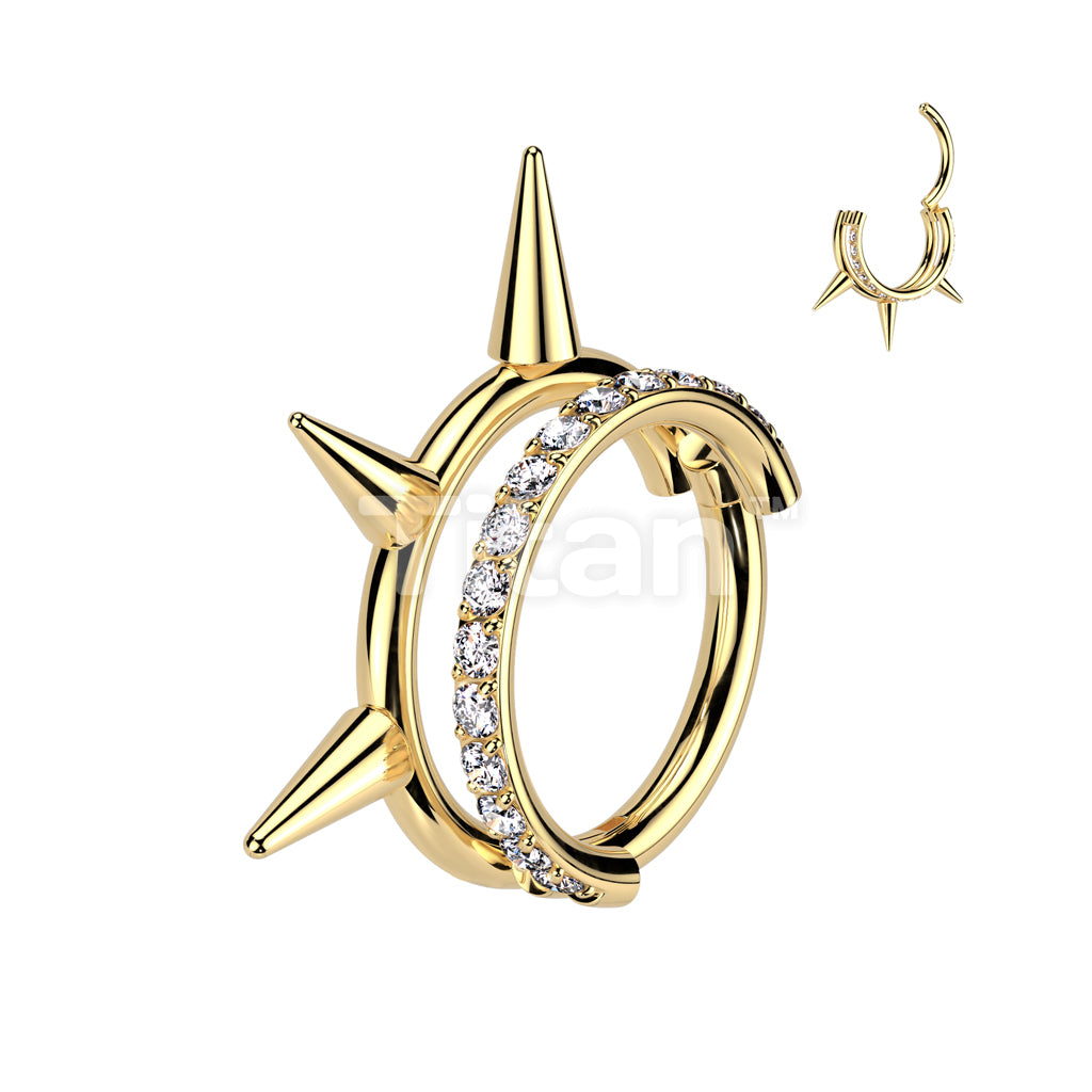 Implant Grade Titanium Hinged Segment Double Hoop Ring With Outward Facing Pave CZ Line and 3 Spikes - Image 2