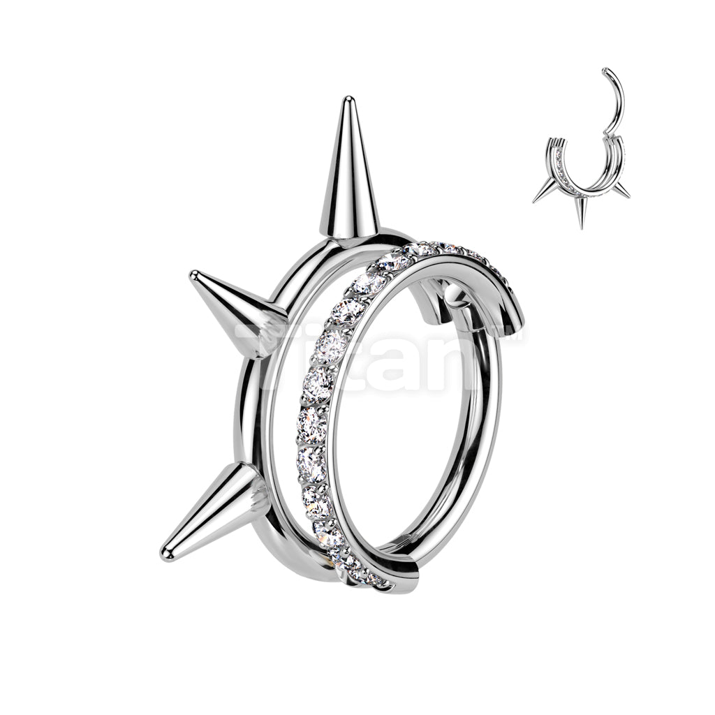 Implant Grade Titanium Hinged Segment Double Hoop Ring With Outward Facing Pave CZ Line and 3 Spikes - Image 3