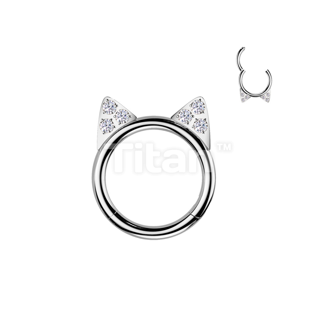 Implant Grade Titanium Hinged Segment Hoop Ring With CZ Paved Kitty Ears  - Image 2