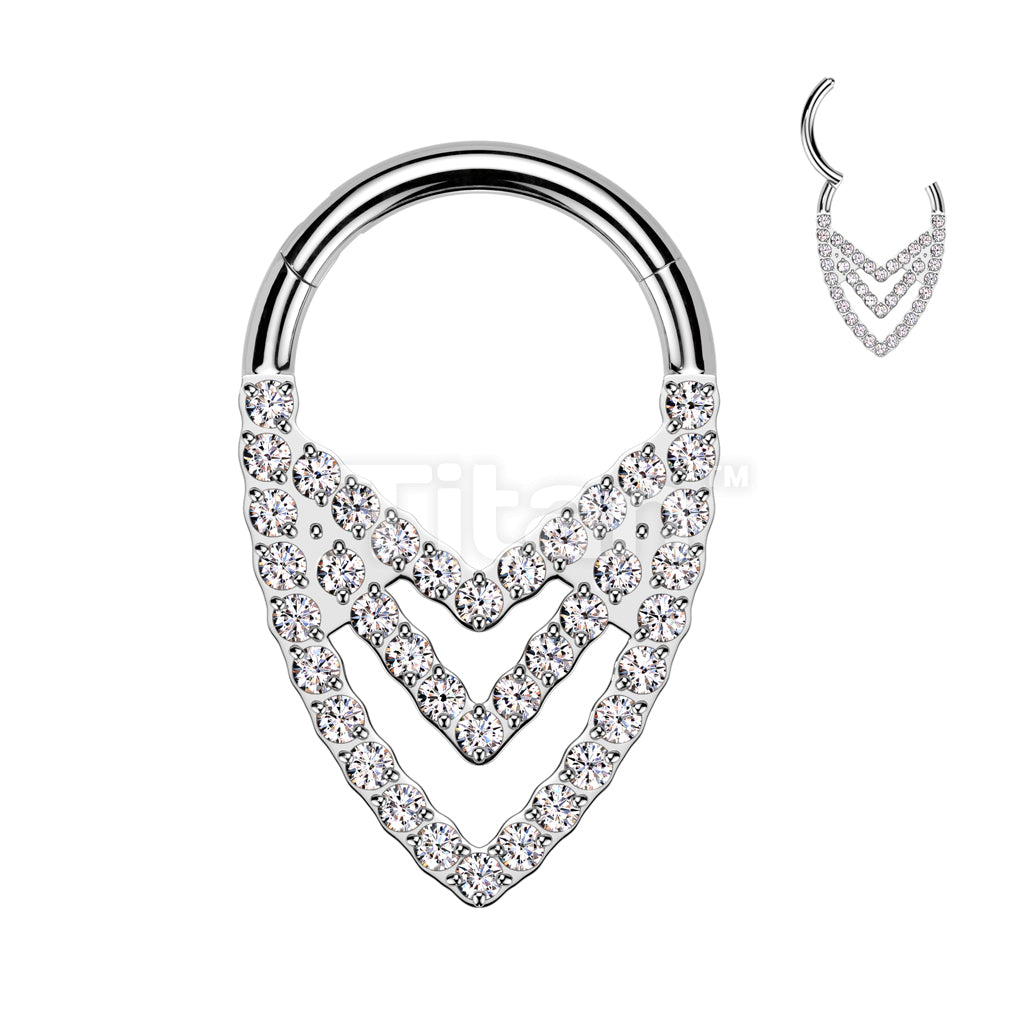 Implant Grade Titanium Hinged Segment Hoop Ring With Pave CZ Triple Chevron - Image 2