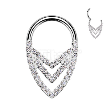 Implant Grade Titanium Hinged Segment Hoop Ring With Pave CZ Triple Chevron - Image 2