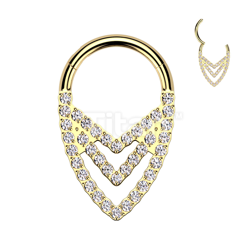 Implant Grade Titanium Hinged Segment Hoop Ring With Pave CZ Triple Chevron - Image 3
