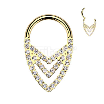 Implant Grade Titanium Hinged Segment Hoop Ring With Pave CZ Triple Chevron - Image 3