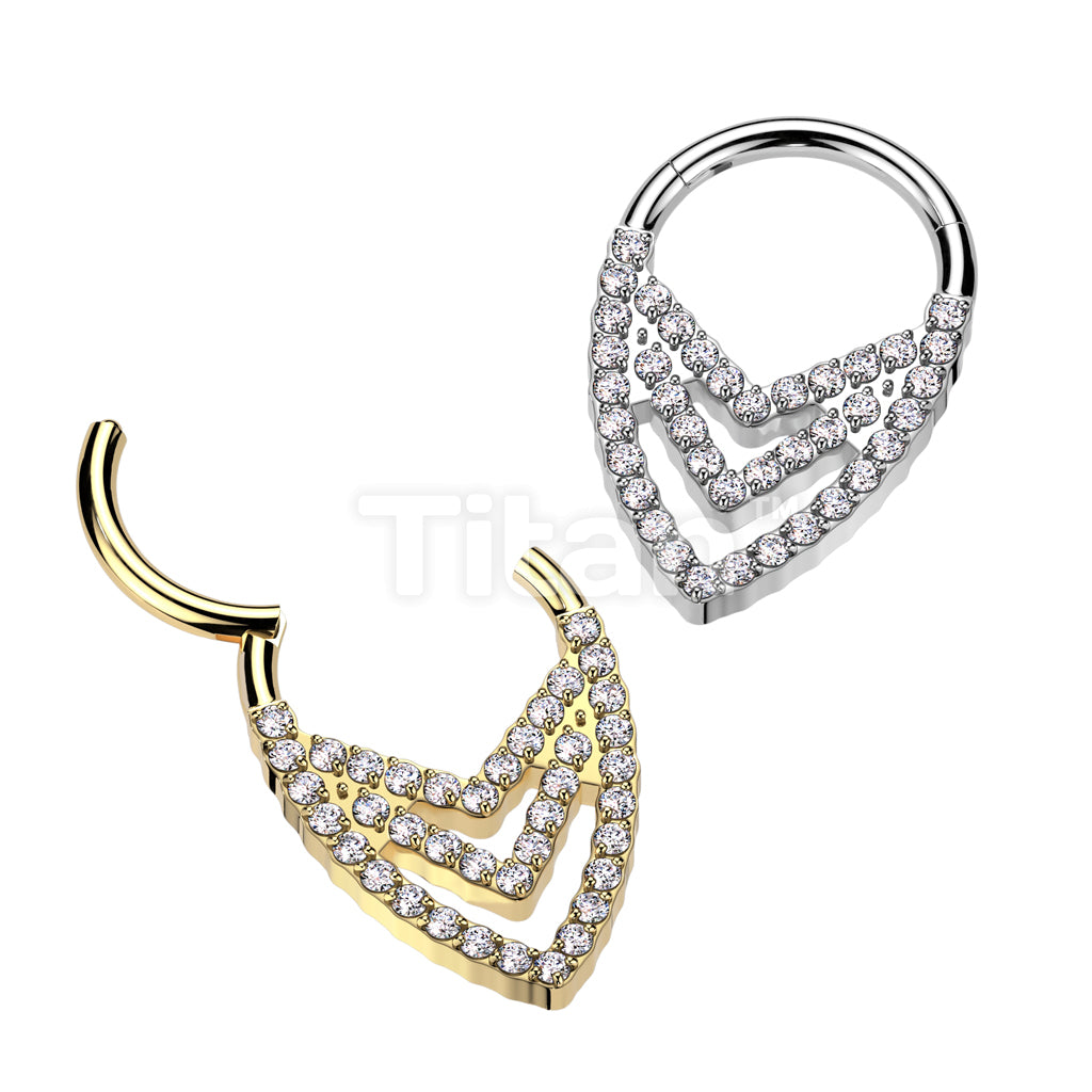Implant Grade Titanium Hinged Segment Hoop Ring With Pave CZ Triple Chevron