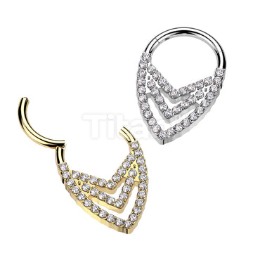 Implant Grade Titanium Hinged Segment Hoop Ring With Pave CZ Triple Chevron