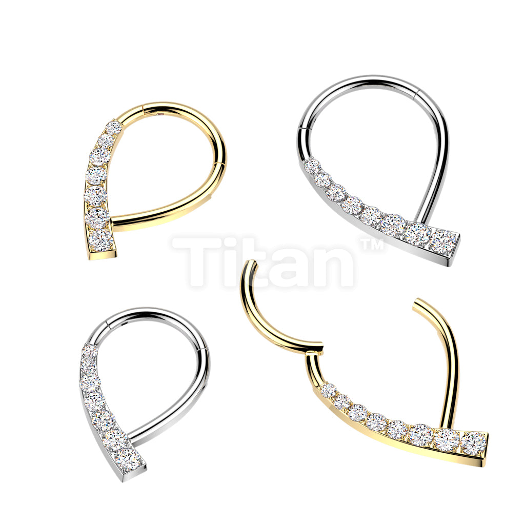 Implant Grade Titanium Hinged Teardrop Segment Hoop Ring With CNC CZ Pave On One Side