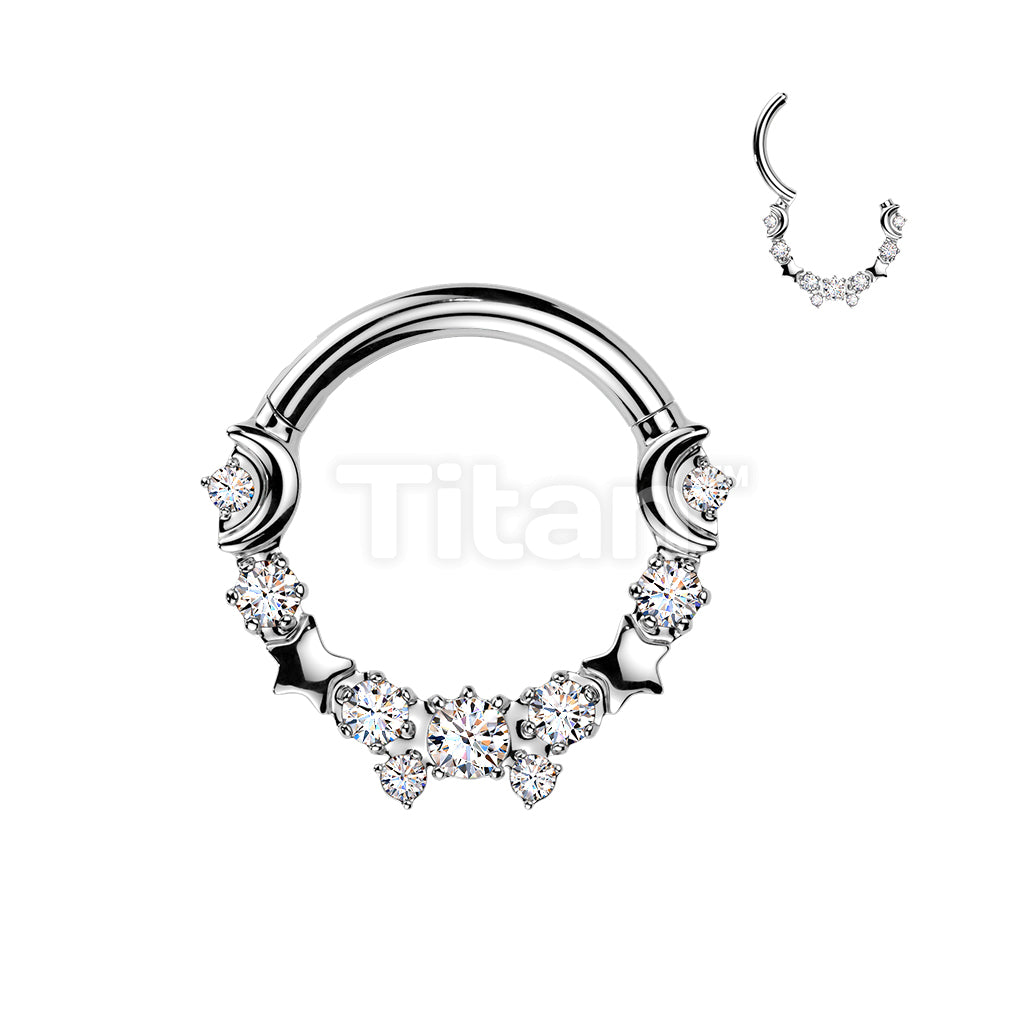 Titanium Hinged Crescent Moon and Star Segment Hoop Ring With Round CZs  - Image 2