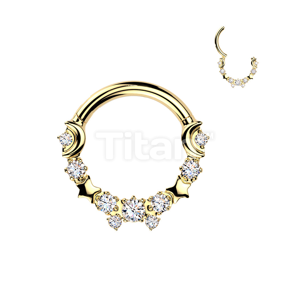 Titanium Hinged Crescent Moon and Star Segment Hoop Ring With Round CZs  - Image 3