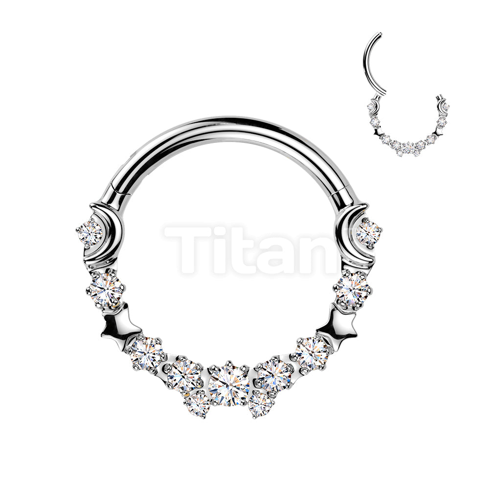 Titanium Hinged Crescent Moon and Star Segment Hoop Ring With Round CZs  - Image 4