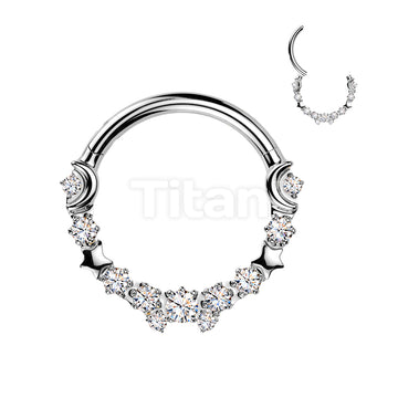 Titanium Hinged Crescent Moon and Star Segment Hoop Ring With Round CZs  - Image 4