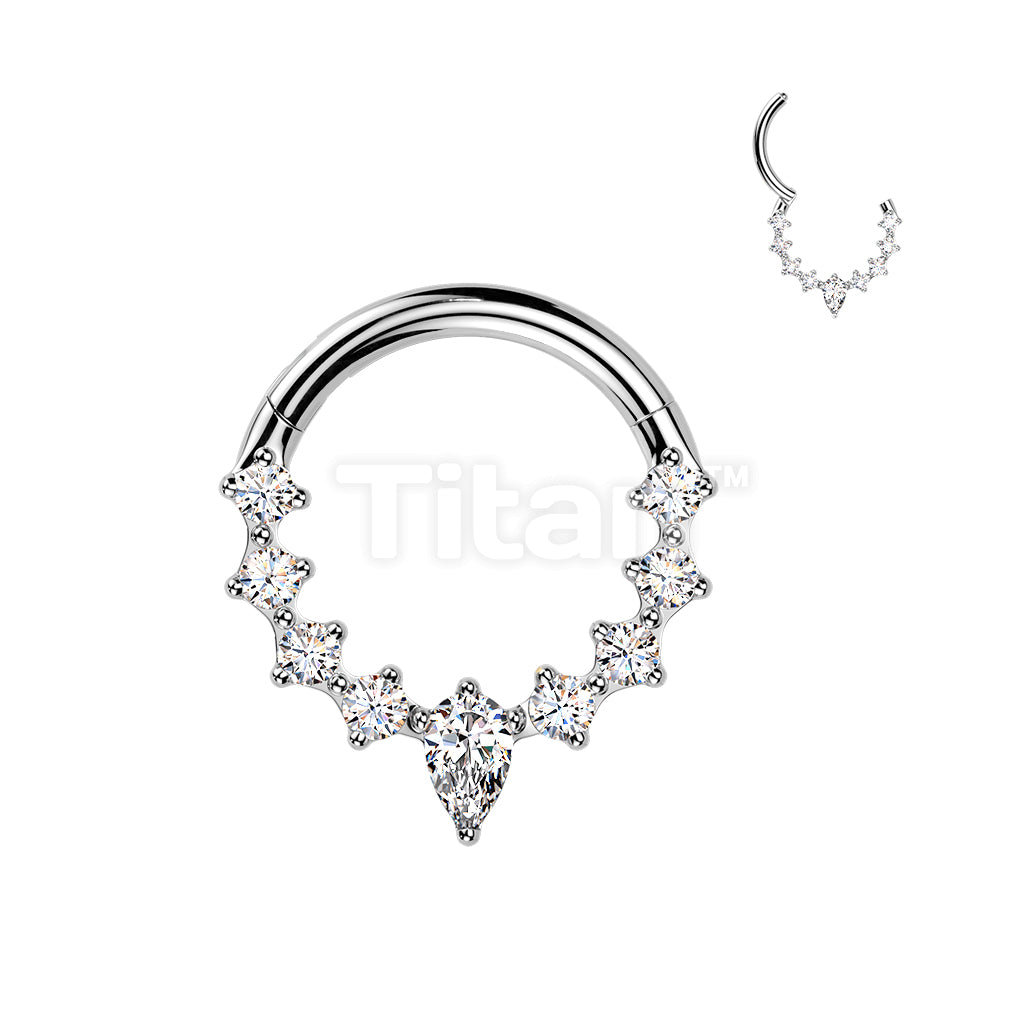 Titanium Hinged Segment Hoop Ring With Teardrop CZ Center And CZ Sides - Image 2