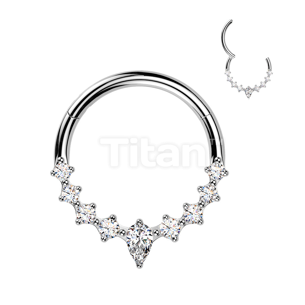 Titanium Hinged Segment Hoop Ring With Teardrop CZ Center And CZ Sides - Image 4