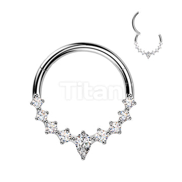 Titanium Hinged Segment Hoop Ring With Teardrop CZ Center And CZ Sides - Image 4