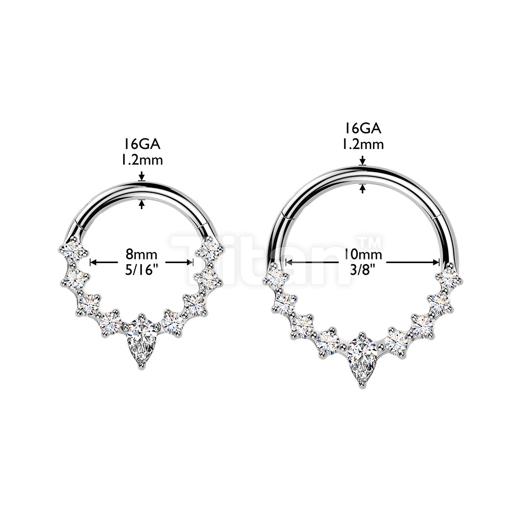 Titanium Hinged Segment Hoop Ring With Teardrop CZ Center And CZ Sides - Image 6