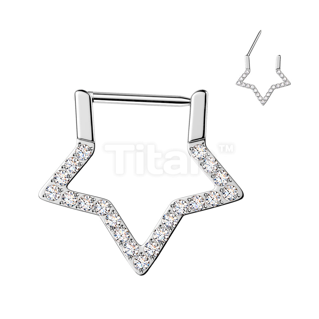 Titanium Hinged Pave CNC Set CZ Star Segment Hoop Ring With Straight Bar - Image 2