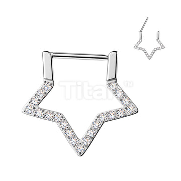 Titanium Hinged Pave CNC Set CZ Star Segment Hoop Ring With Straight Bar - Image 2
