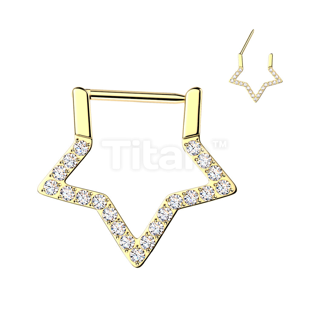 Titanium Hinged Pave CNC Set CZ Star Segment Hoop Ring With Straight Bar - Image 3