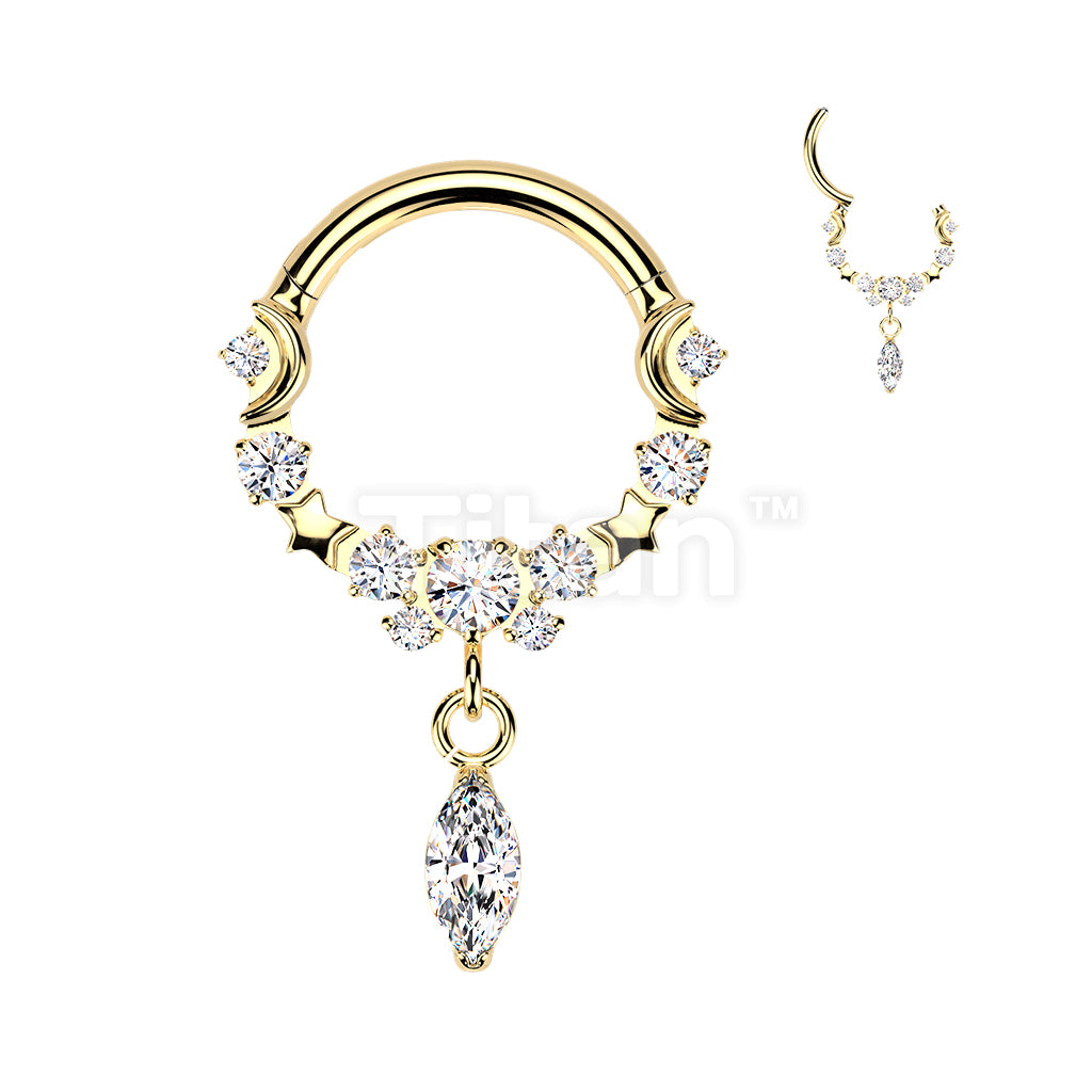 Titanium Hinged Moon and Star Segment Hoop Ring With Marquise CZ Dangle - Image 2