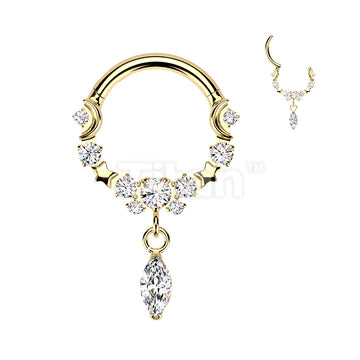 Titanium Hinged Moon and Star Segment Hoop Ring With Marquise CZ Dangle - Image 2