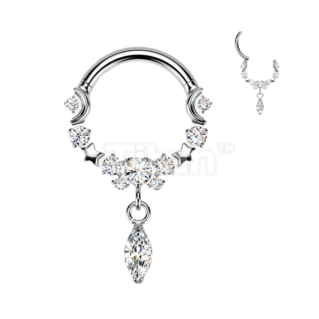Titanium Hinged Moon and Star Segment Hoop Ring With Marquise CZ Dangle - Image 3