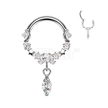 Titanium Hinged Moon and Star Segment Hoop Ring With Marquise CZ Dangle - Image 3