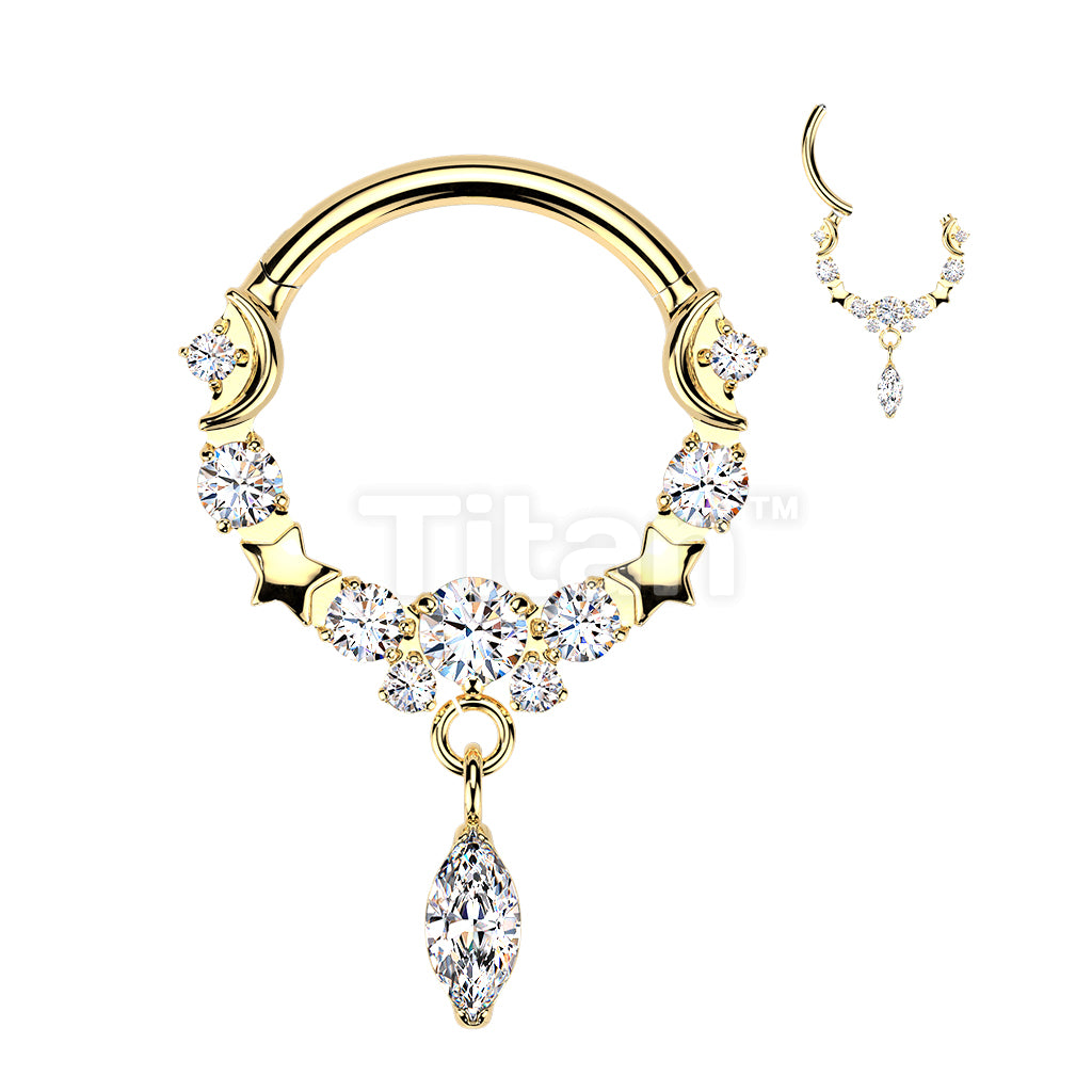 Titanium Hinged Moon and Star Segment Hoop Ring With Marquise CZ Dangle - Image 4
