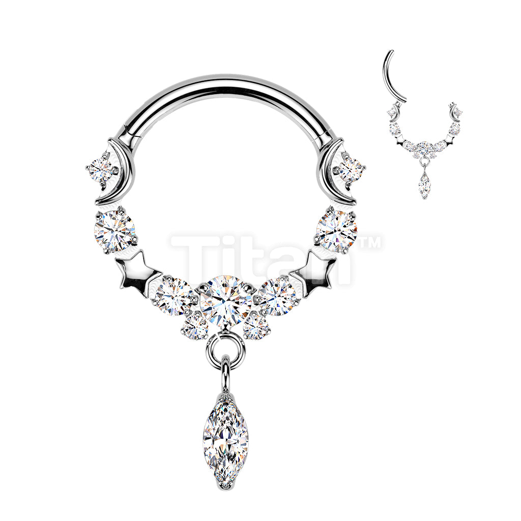 Titanium Hinged Moon and Star Segment Hoop Ring With Marquise CZ Dangle - Image 5