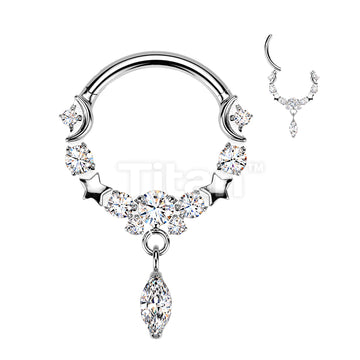 Titanium Hinged Moon and Star Segment Hoop Ring With Marquise CZ Dangle - Image 5