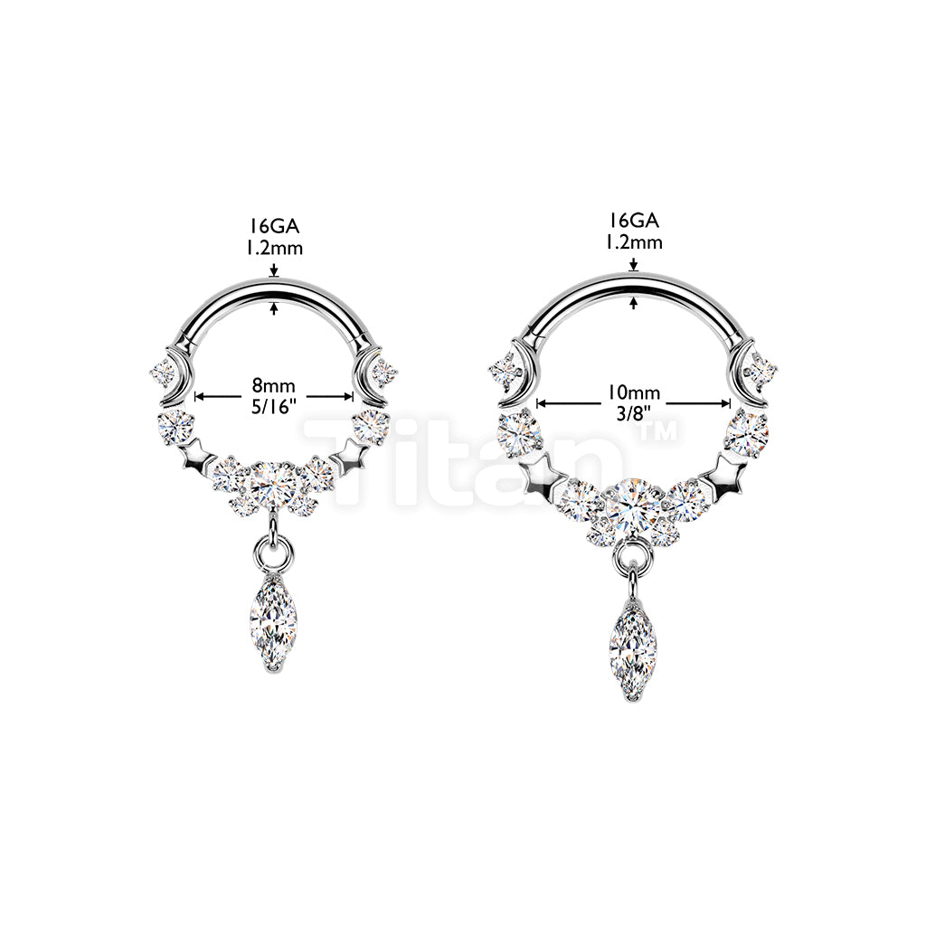 Titanium Hinged Moon and Star Segment Hoop Ring With Marquise CZ Dangle - Image 6