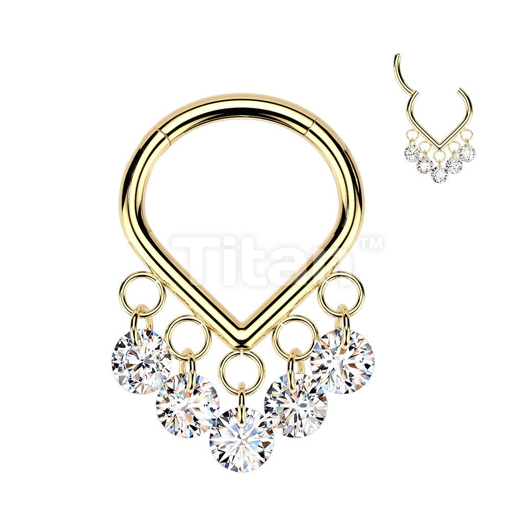 Titanium Hinged Chevron Segment Hoop Ring With 5 CZ Dangle - Image 2
