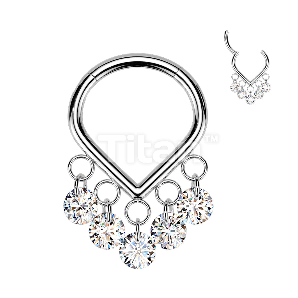 Titanium Hinged Chevron Segment Hoop Ring With 5 CZ Dangle - Image 3