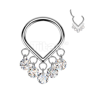 Titanium Hinged Chevron Segment Hoop Ring With 5 CZ Dangle - Image 3