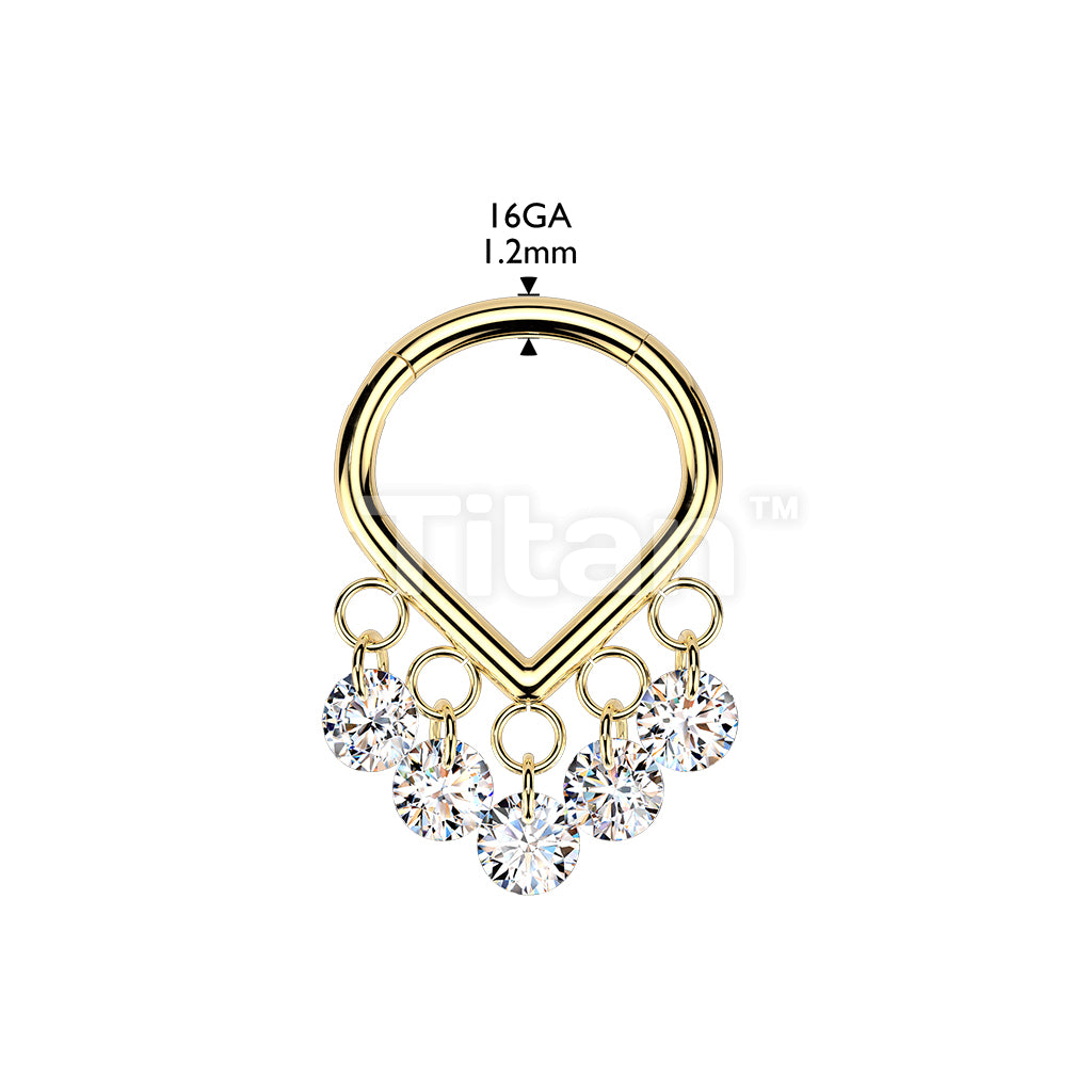 Titanium Hinged Chevron Segment Hoop Ring With 5 CZ Dangle - Image 4