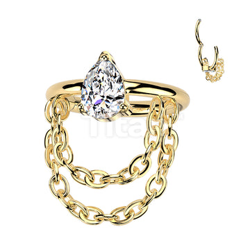 Titanium Hinged Teardrop CZ Segment Hoop Ring With Double Chain Dangle - Image 2