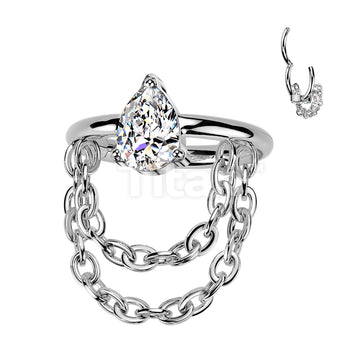 Titanium Hinged Teardrop CZ Segment Hoop Ring With Double Chain Dangle - Image 3