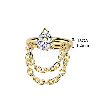 Titanium Hinged Teardrop CZ Segment Hoop Ring With Double Chain Dangle - Image 4