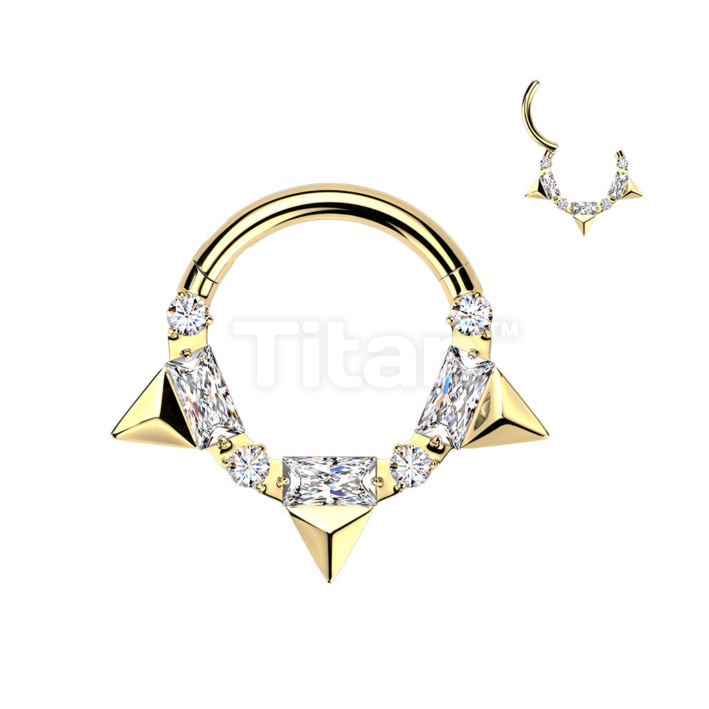 Titanium Hinged Segment Hoop Ring With Triple Spikes And Baguette and Round CZ - Image 2