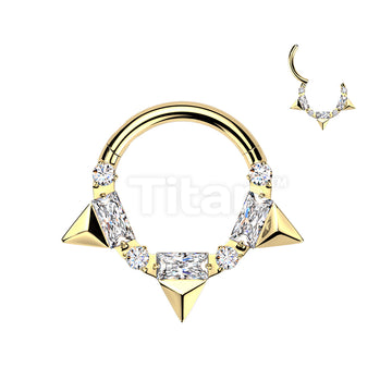 Titanium Hinged Segment Hoop Ring With Triple Spikes And Baguette and Round CZ - Image 2