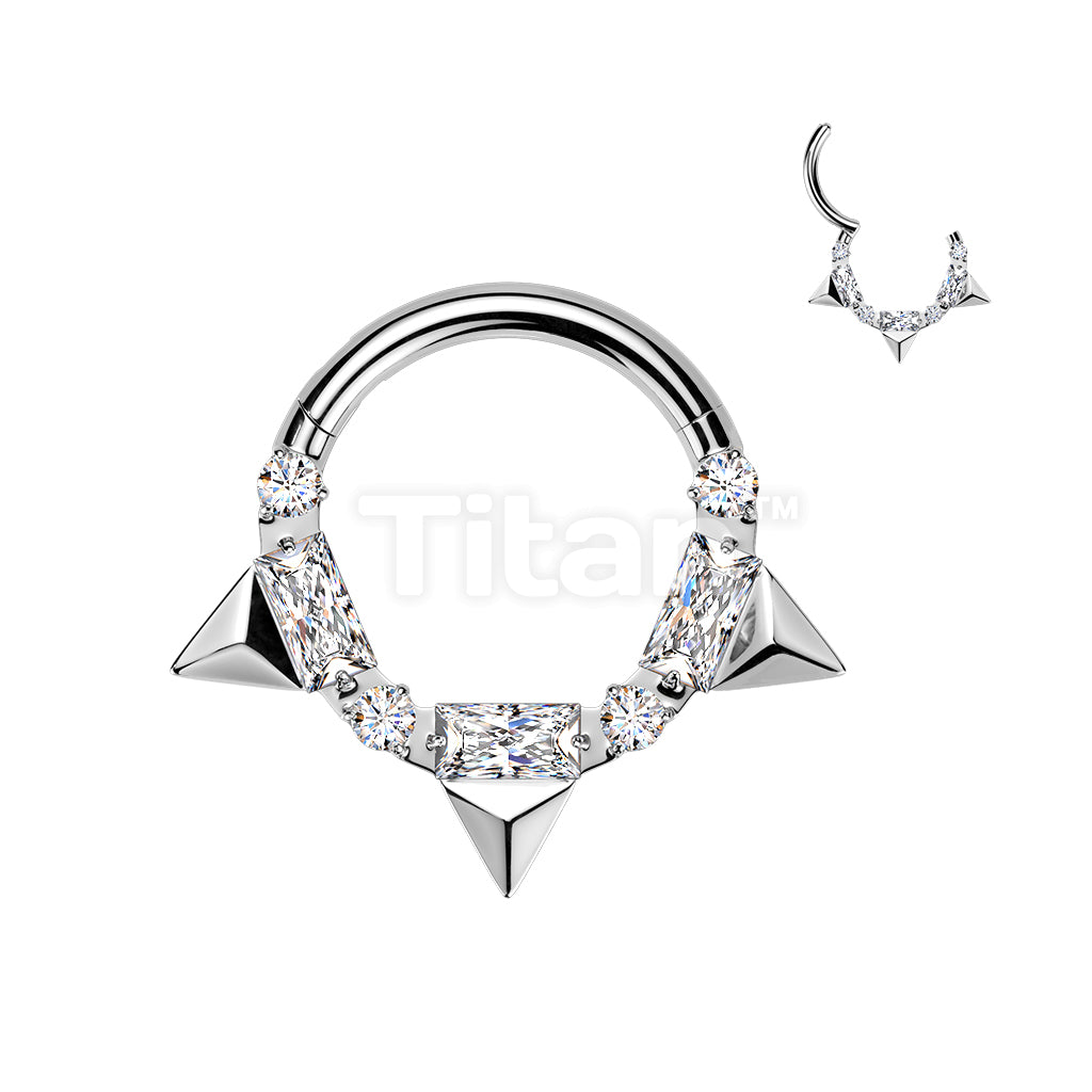 Titanium Hinged Segment Hoop Ring With Triple Spikes And Baguette and Round CZ - Image 3