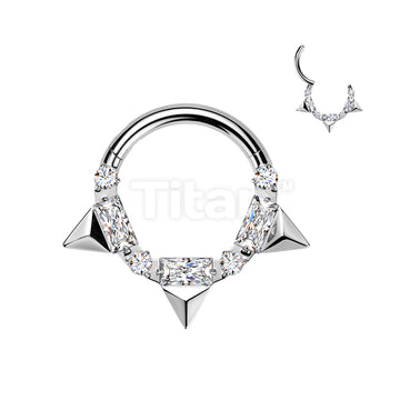Titanium Hinged Segment Hoop Ring With Triple Spikes And Baguette and Round CZ - Image 3