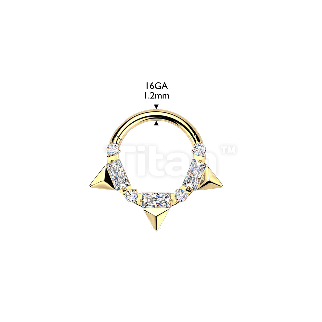 Titanium Hinged Segment Hoop Ring With Triple Spikes And Baguette and Round CZ - Image 4